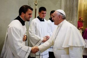 A blessed meeting - Joe shakes hands with our Holy Father, Pope Francis, in Oct. of 2014!